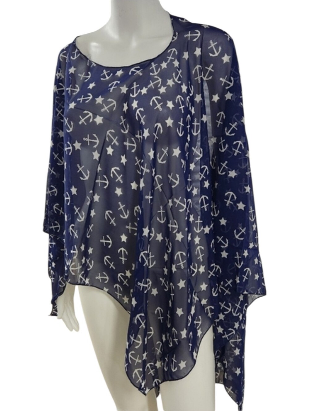 NWT Navy Blue Sheer Nautical Poncho Cover-Up with Anchor & Star Print